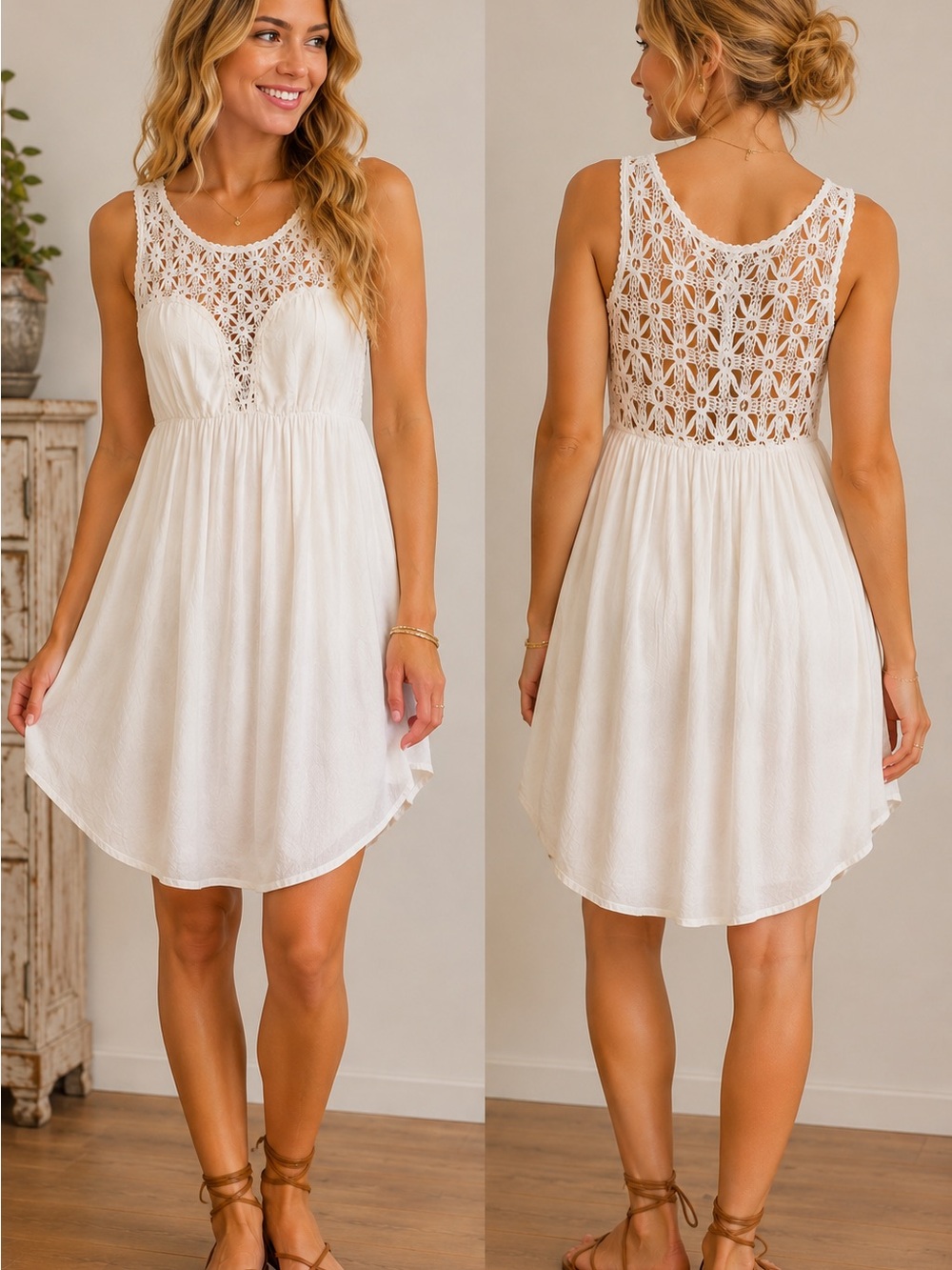 Free People Fiesta Crochet Lace Boho Dress Ivory White Size Small